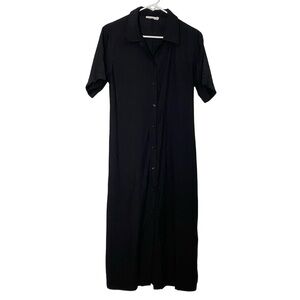 Mod Ref Button Down Midi Dress Womens Size Medium Black Short Sleeve Tie Back